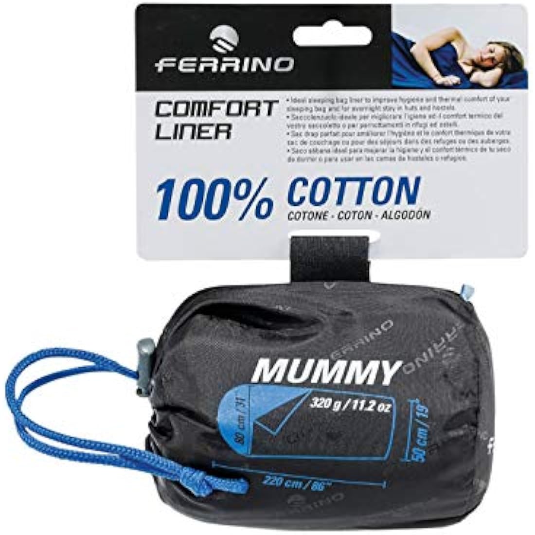 Ferrino Comfort Mummy Sleeping Bag Liner - Blue Cotton Bed Sheet