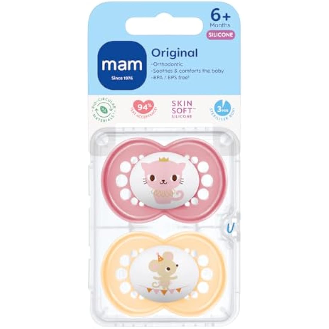 MAM Original Soothers | 6+ Months | Orthodontic Silicone Pacifiers | Pink