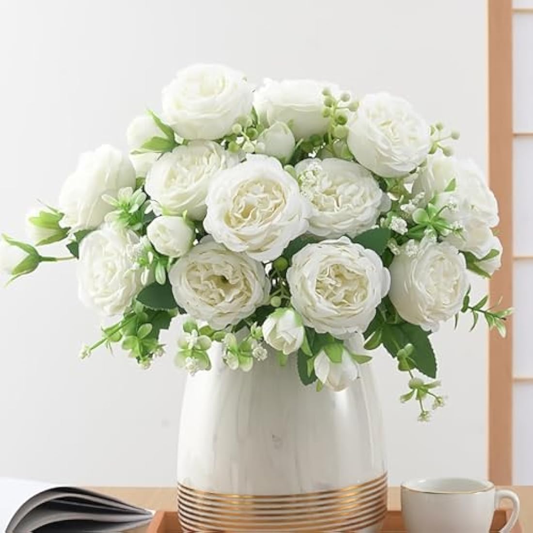 FADACHY White Real Touch Silk Peonies – 4 Bunches Artificial Flower Bouquet