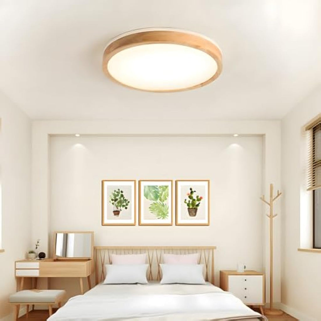WayLuoung Round Wood LED Ceiling Light | 36W Dimmable with Remote Control