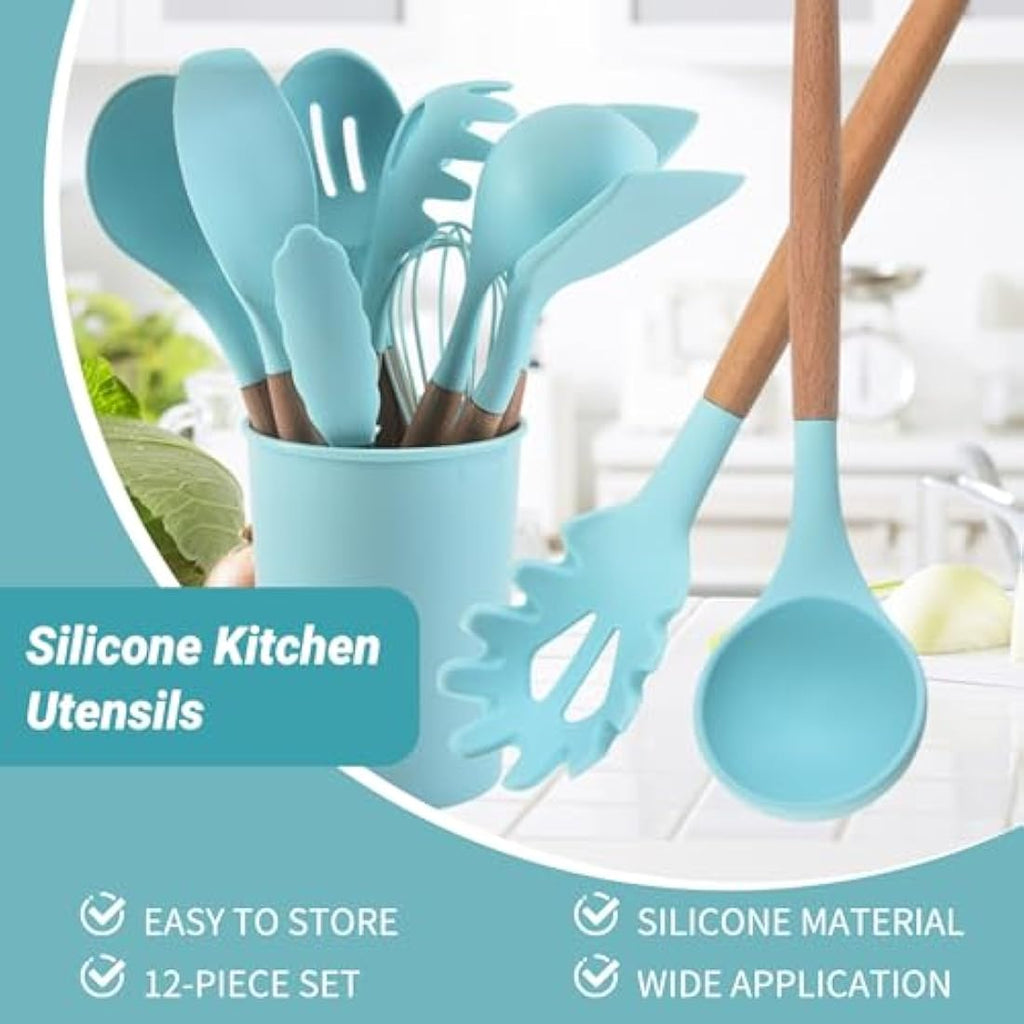 Jolof Store 12-Piece Silicone Kitchen Utensil Set with Beech Wood Handles