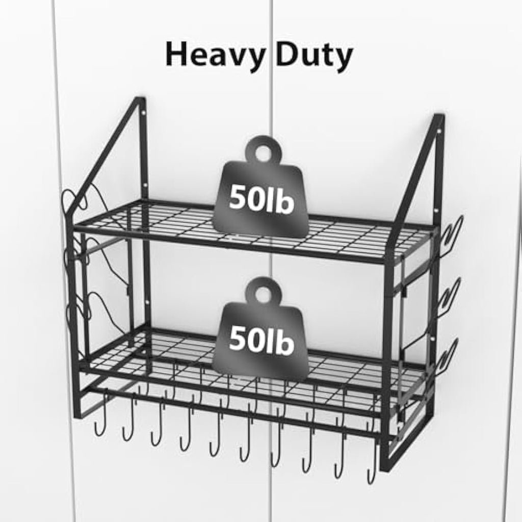 VyGrow 2-Tier Wall Mounted Pot Rack | Heavy Duty Steel Pan Organizer