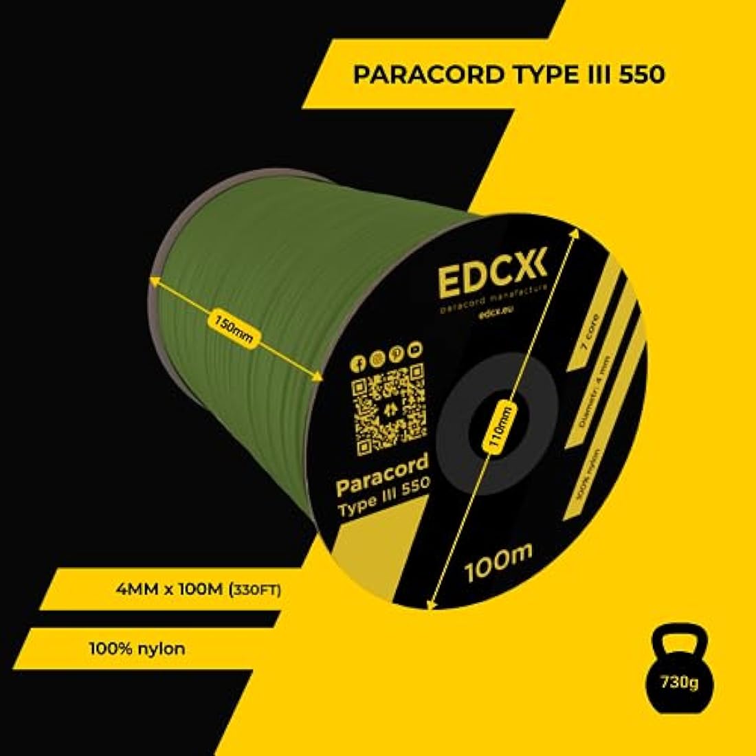 EDCX 550 Paracord – 4mm 7-Strand Nylon Rope for Camping and DIY
