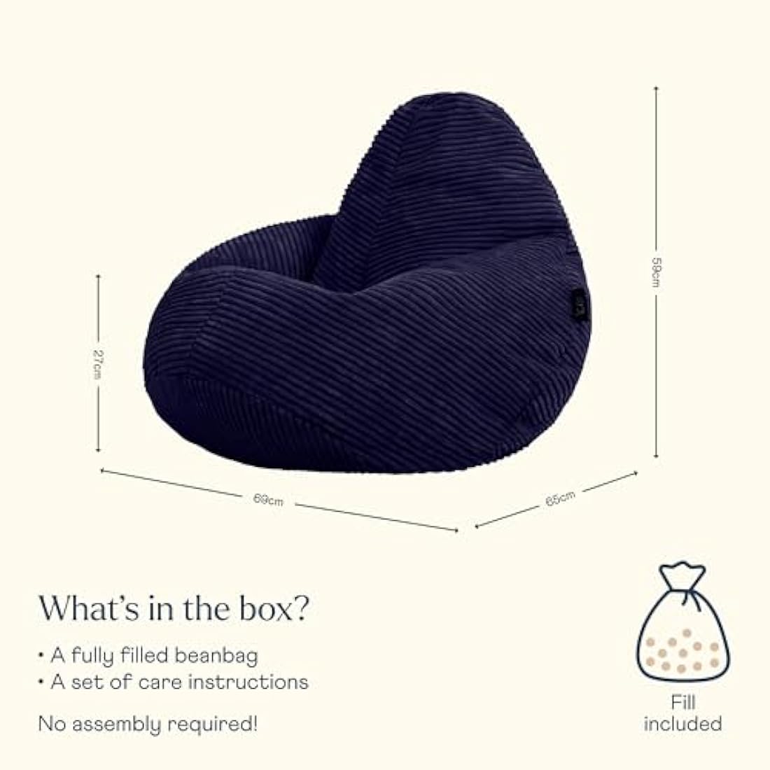 icon Dalton Kids Bean Bag Chair – Navy Blue Corduroy Gaming Seat