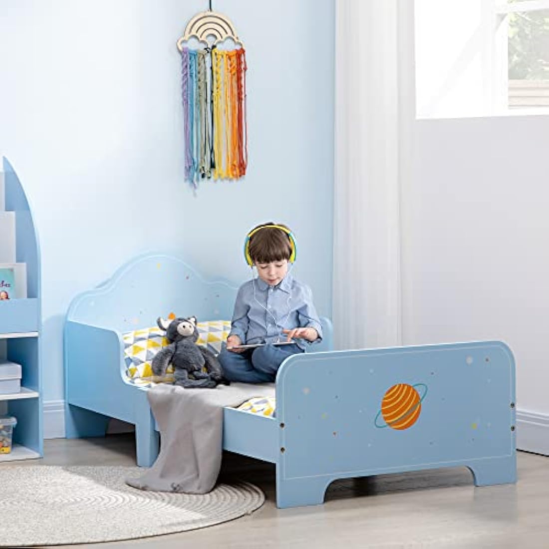 ZONEKIZ Kids Toddler Bed | Space Theme Blue Bed with Safety Rails