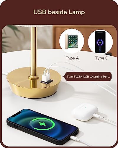 EDISHINE Touch Table Lamps Set of 2 | Gold Dimmable USB Bedside Lamps