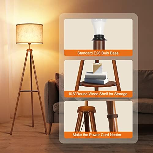 OUTON Solid Wood Tripod Floor Lamp with Shelf - Dimmable LED Standing Light