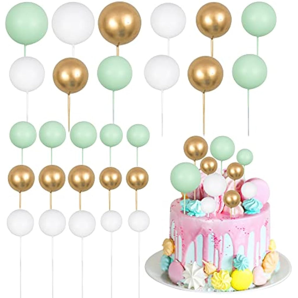 Gyufise 30Pcs Ball Cake Toppers | Green Gold White Foam Cupcake Decor