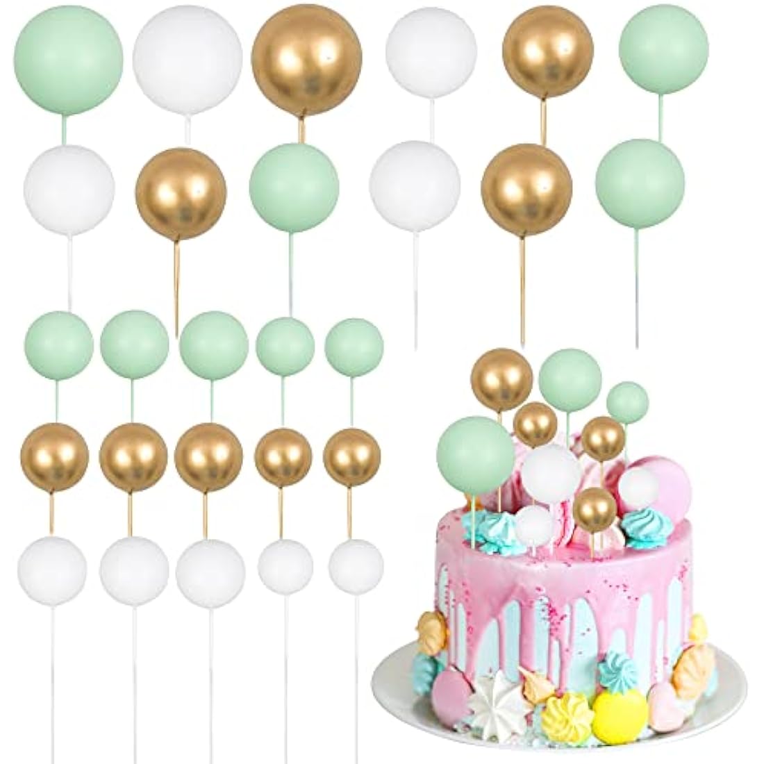 Gyufise 30Pcs Ball Cake Toppers | Green Gold White Foam Cupcake Decor