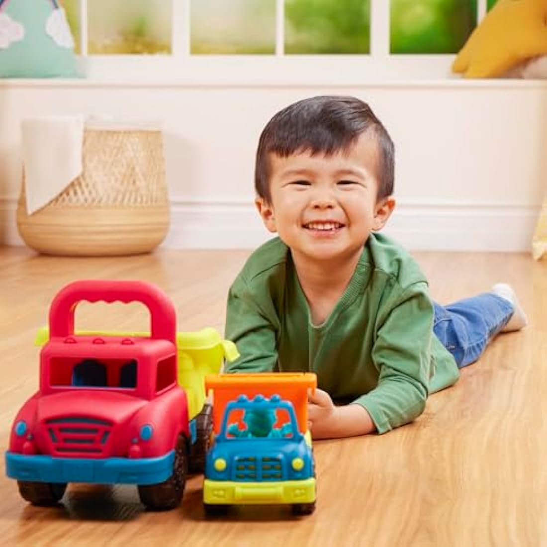 B. toys Grab-n-Go Dump Truck Set – 2 Construction Vehicles for Toddlers
