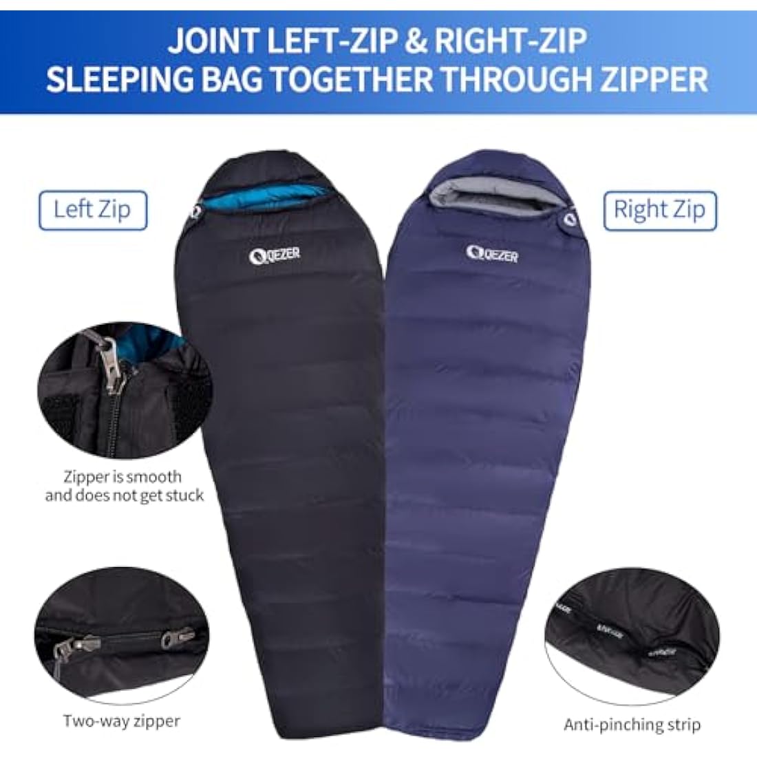 QEZER 4-Season Down Sleeping Bag | 620FP Duck Down Mummy Bag