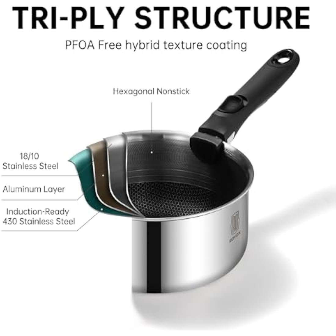 ROYDX Hybrid Stainless Steel Non-Stick Cookware Set with Detachable Handles