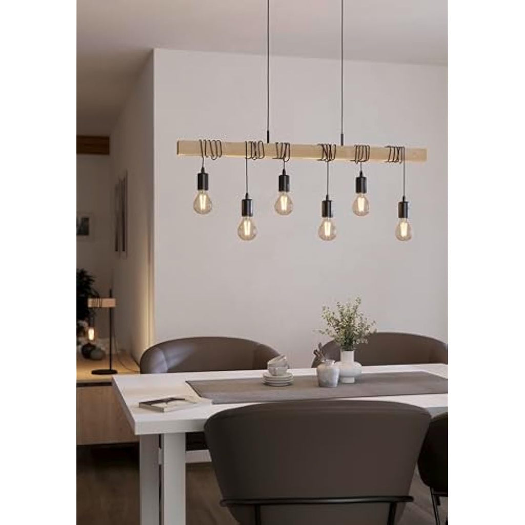 Eglo Townshend 6-Light Industrial Pendant – Wood & Black Metal