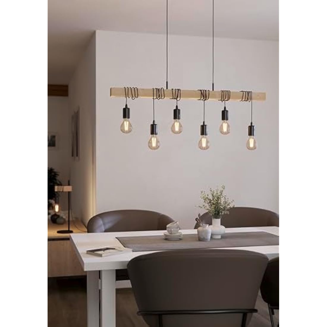 Eglo Townshend 6-Light Industrial Pendant – Wood & Black Metal