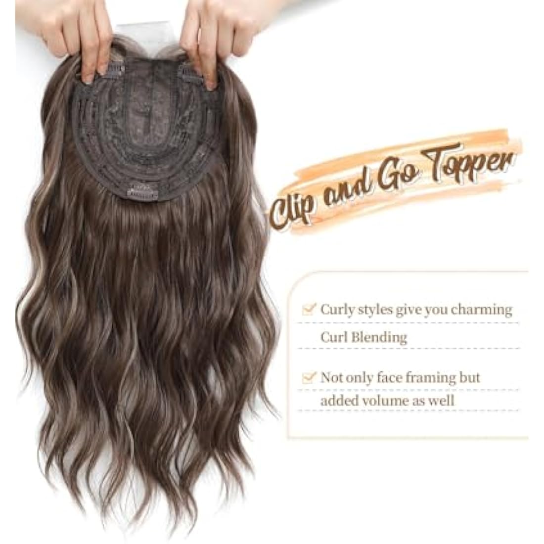 MORICHY 16" Wavy Curly Hair Topper with Fringe – Brown Highlights Clip-In