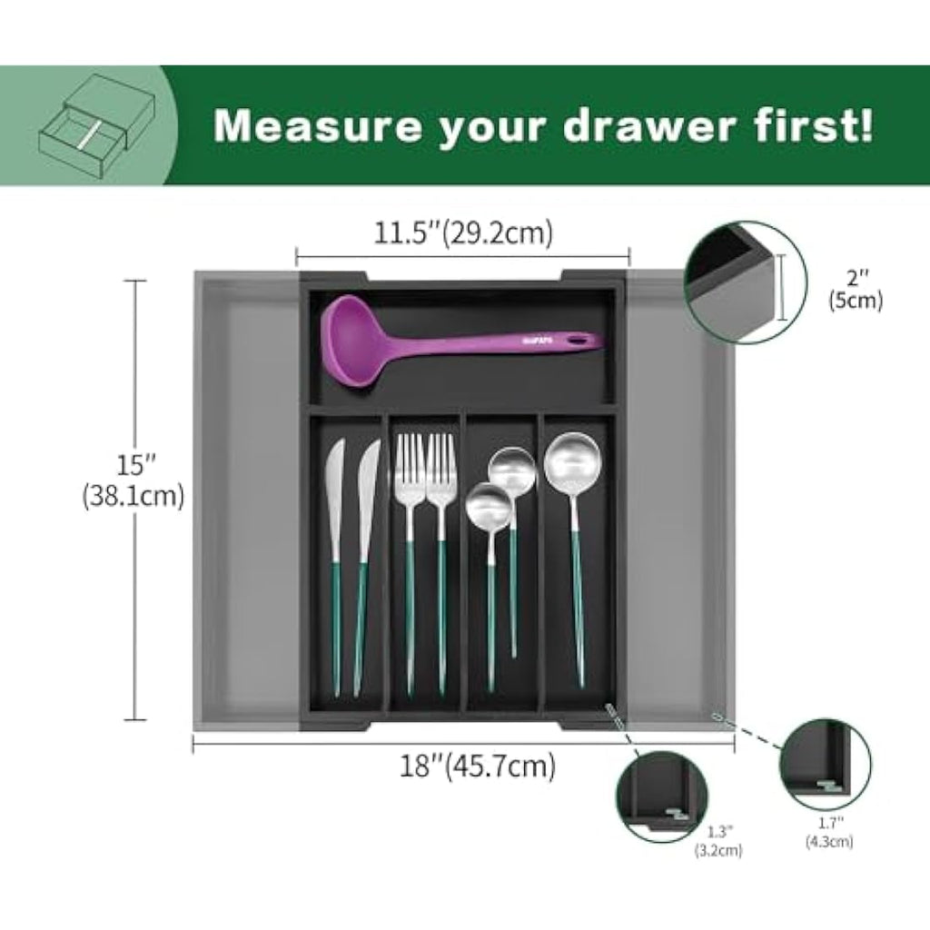 Utoplike Expandable Bamboo Cutlery Drawer Organiser | Black Utensil Tray