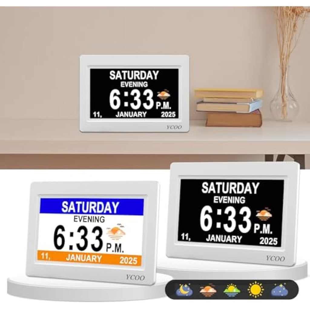 YCOO 7 Inch Digital Dementia Clock | Large Display Memory Aid - White