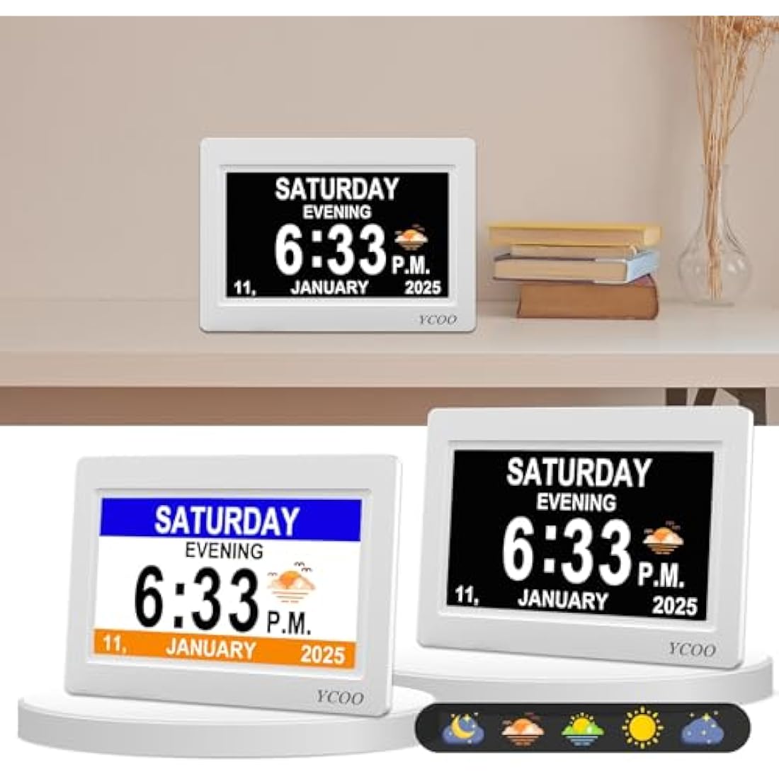 YCOO 7 Inch Digital Dementia Clock | Large Display Memory Aid - White