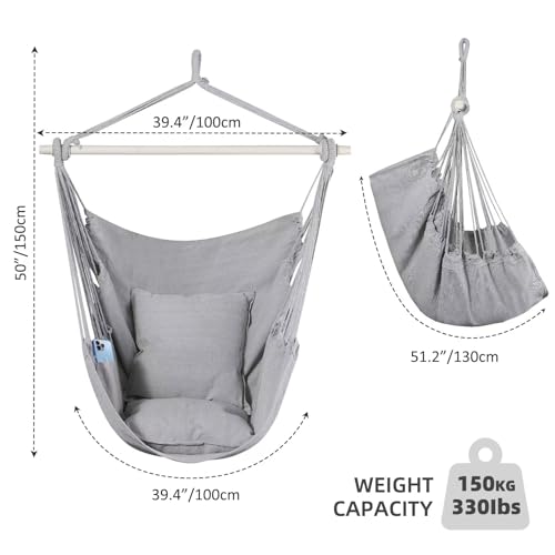 Goutime Hammock Chair Swing with 2 Pillows and Metal Support Bar - Gray
