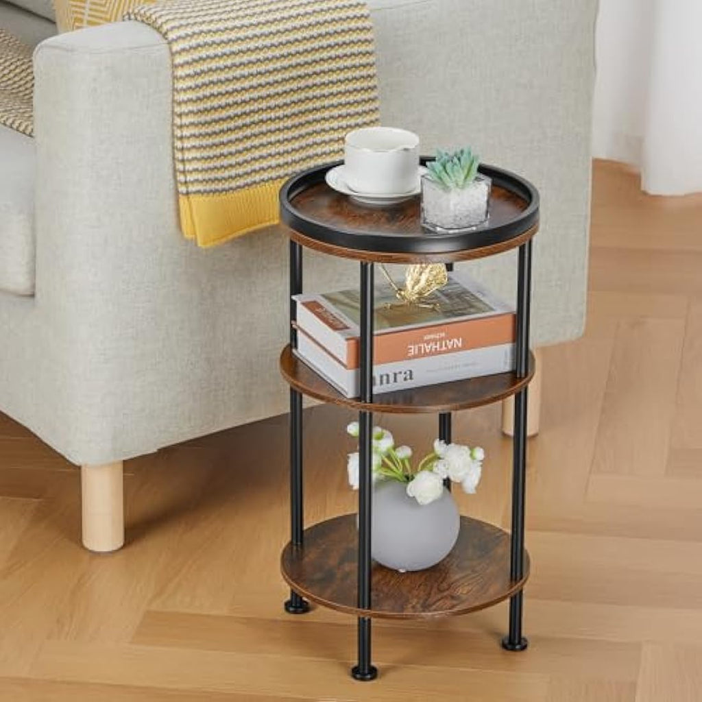 YEAKOO 3-Tier Round Side Table – Rustic Brown Industrial End Table