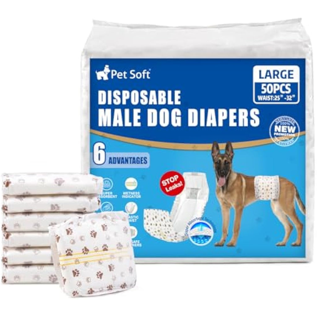 Pet Soft Male Dog Wraps – Disposable Absorbent Diapers for Large Dogs, 50ct
