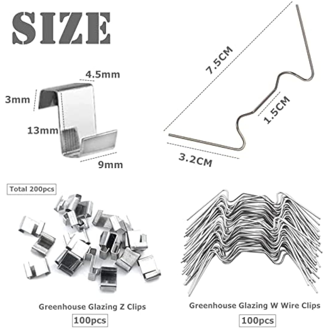 200pc Stainless Steel Greenhouse W & Z Glazing Clips