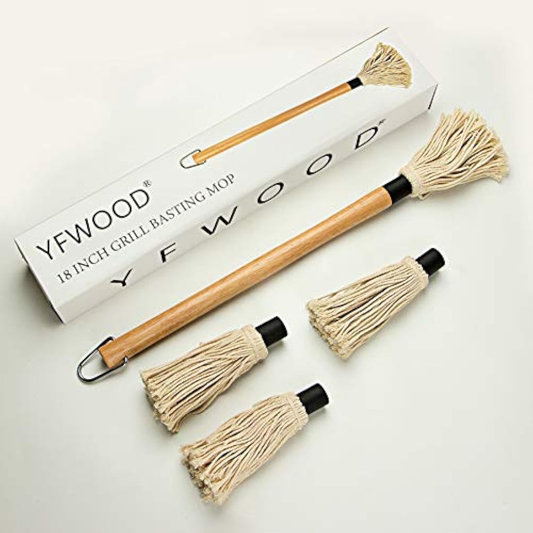 YFWOOD BBQ Basting Mop – 18 Inch Wooden Handle Grill Brush with 3 Heads