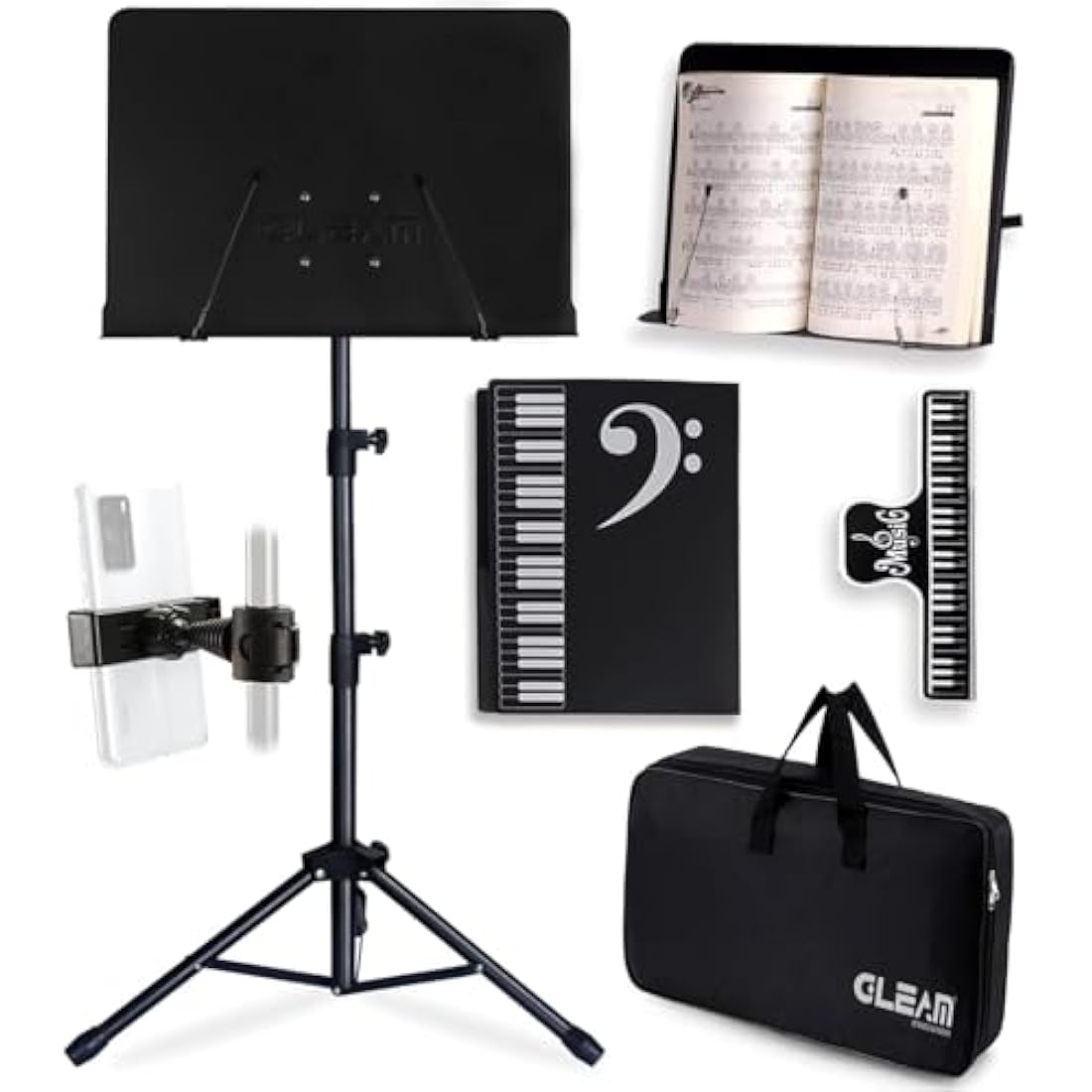 GLEAM Full Metal Sheet Music Stand – Adjustable 5-in-1 Desktop Holder