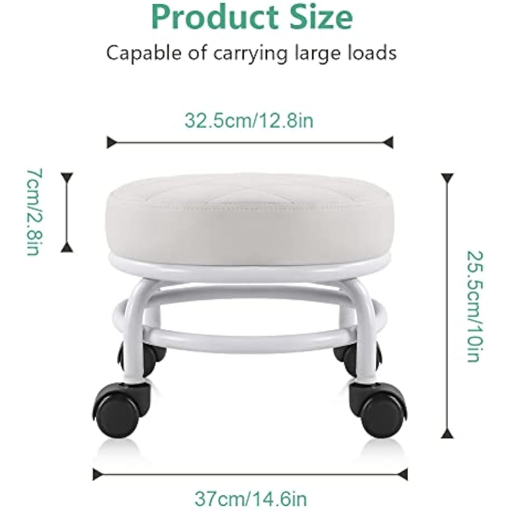 FURWOO Low Rolling Stool - PU Leather Round Swivel Seat with Wheels, White