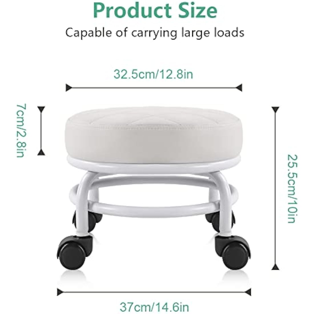 FURWOO Low Rolling Stool - PU Leather Round Swivel Seat with Wheels, White