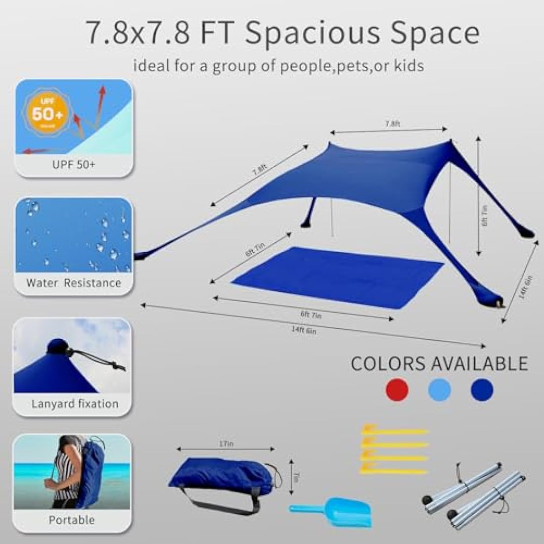 CUUPO 7x7ft Beach Tent Sun Shelter | UPF 50+ Lycra Canopy – Navy Blue