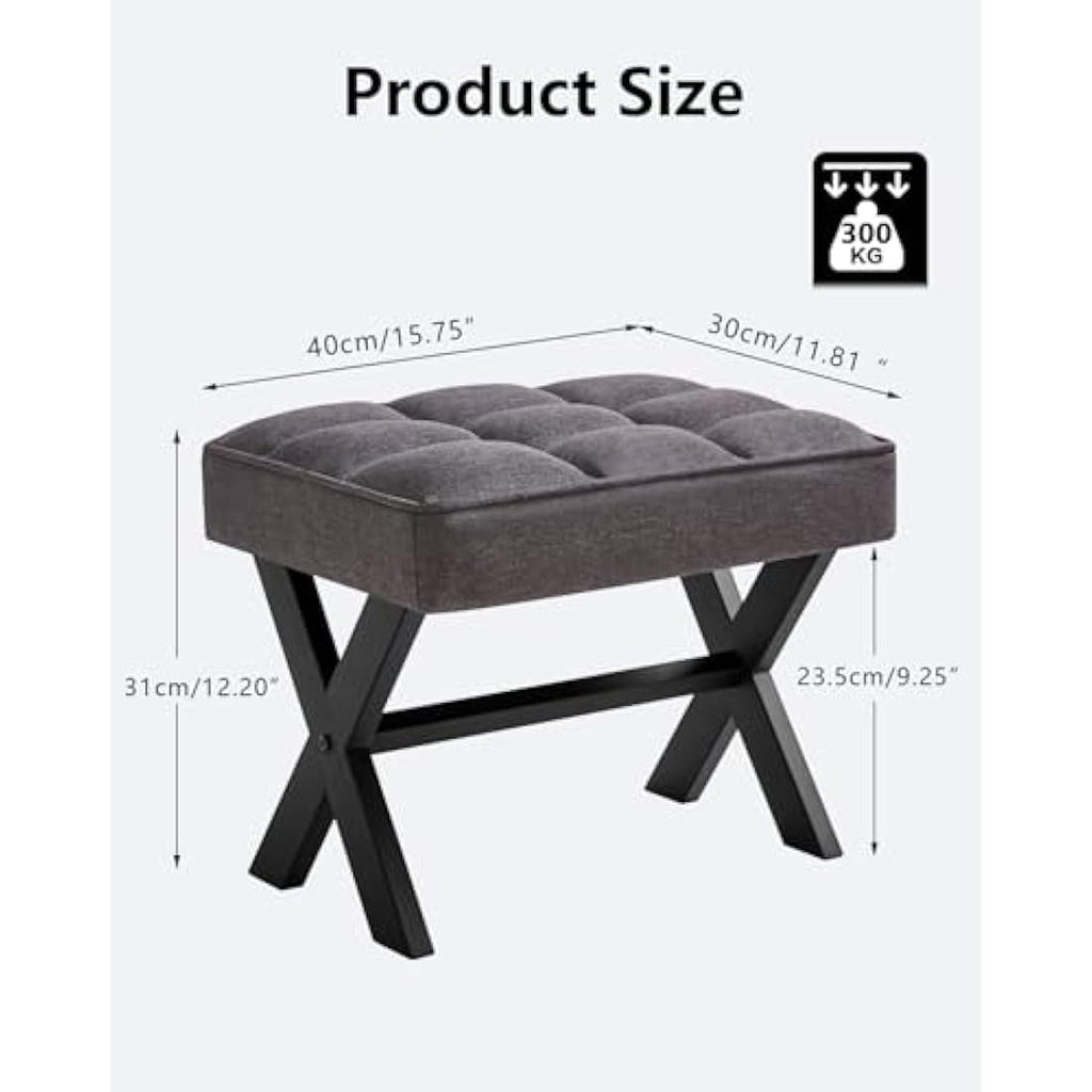IBUYKE Small Square Linen Footrest Stool | Metal X-Leg Vanity Chair, Dark Gray