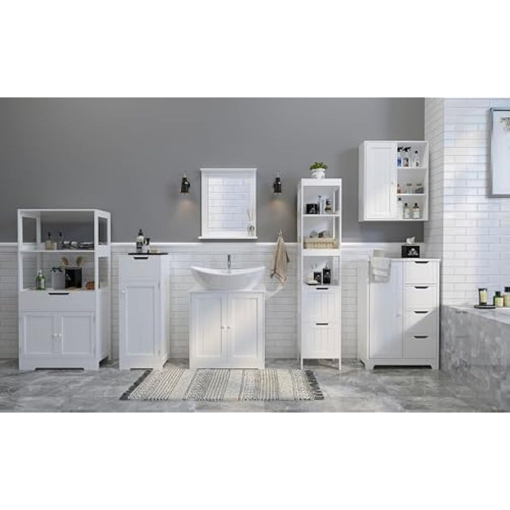 Jolof Store White MDF Bathroom Floor Cabinet with Drawer and Shelves
