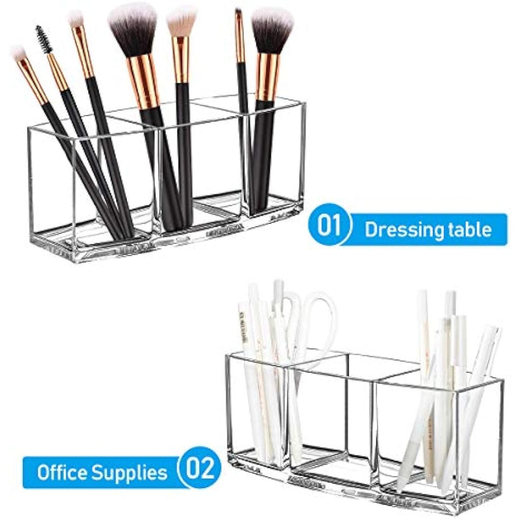 3-Slot Acrylic Makeup Brush Holder & Cosmetic Organizer