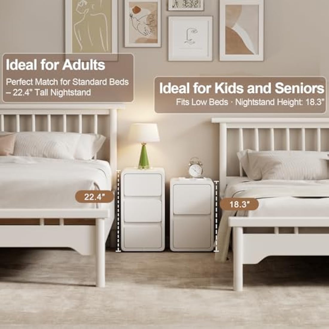 AQIMUELE Narrow Bedside Table | 2-Drawer White Leather Nightstand