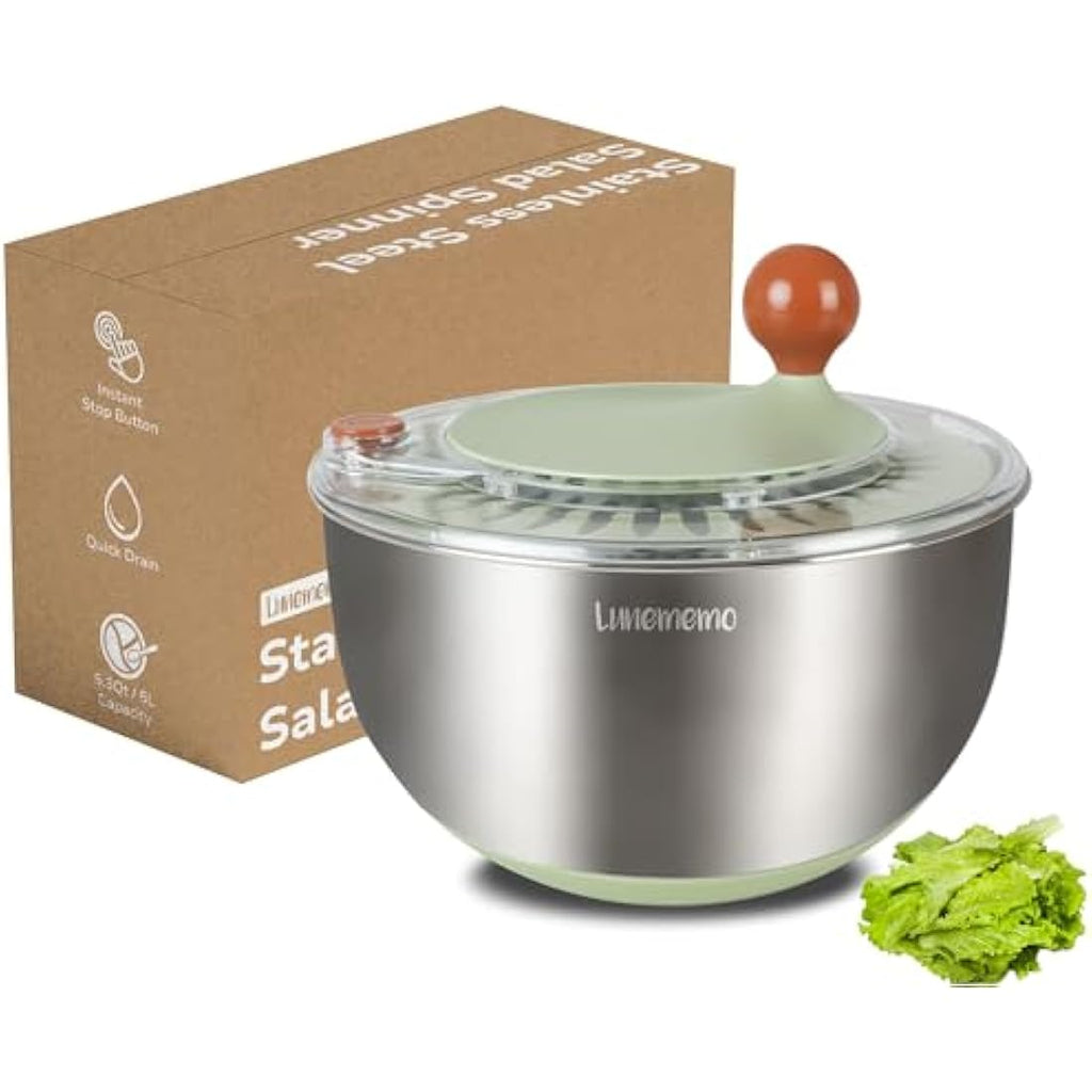Lunememo Stainless Steel Salad Spinner – 5L Large Lettuce Dryer Bowl