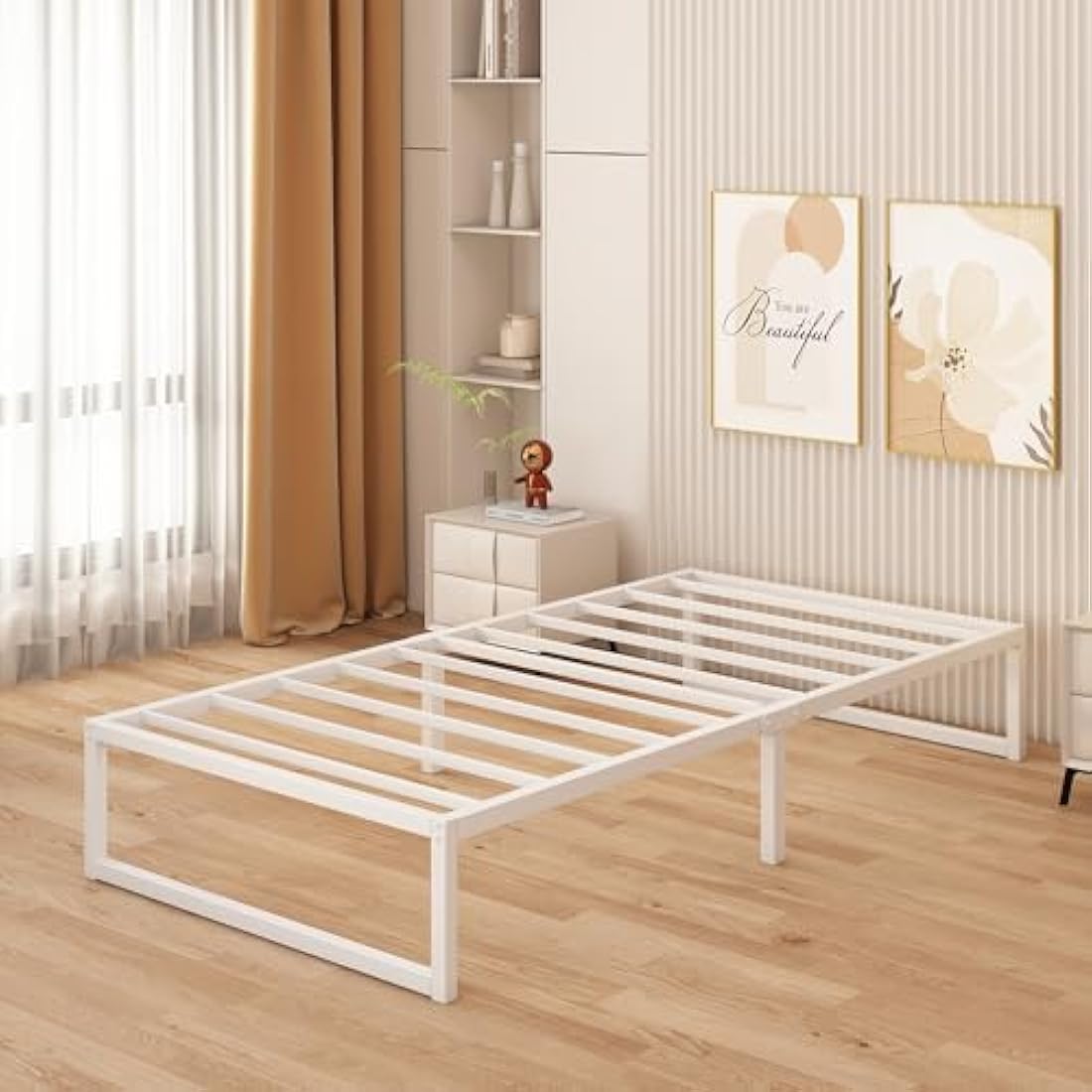 Single Metal Bed Frame – 90x190cm Steel Slat Support, White