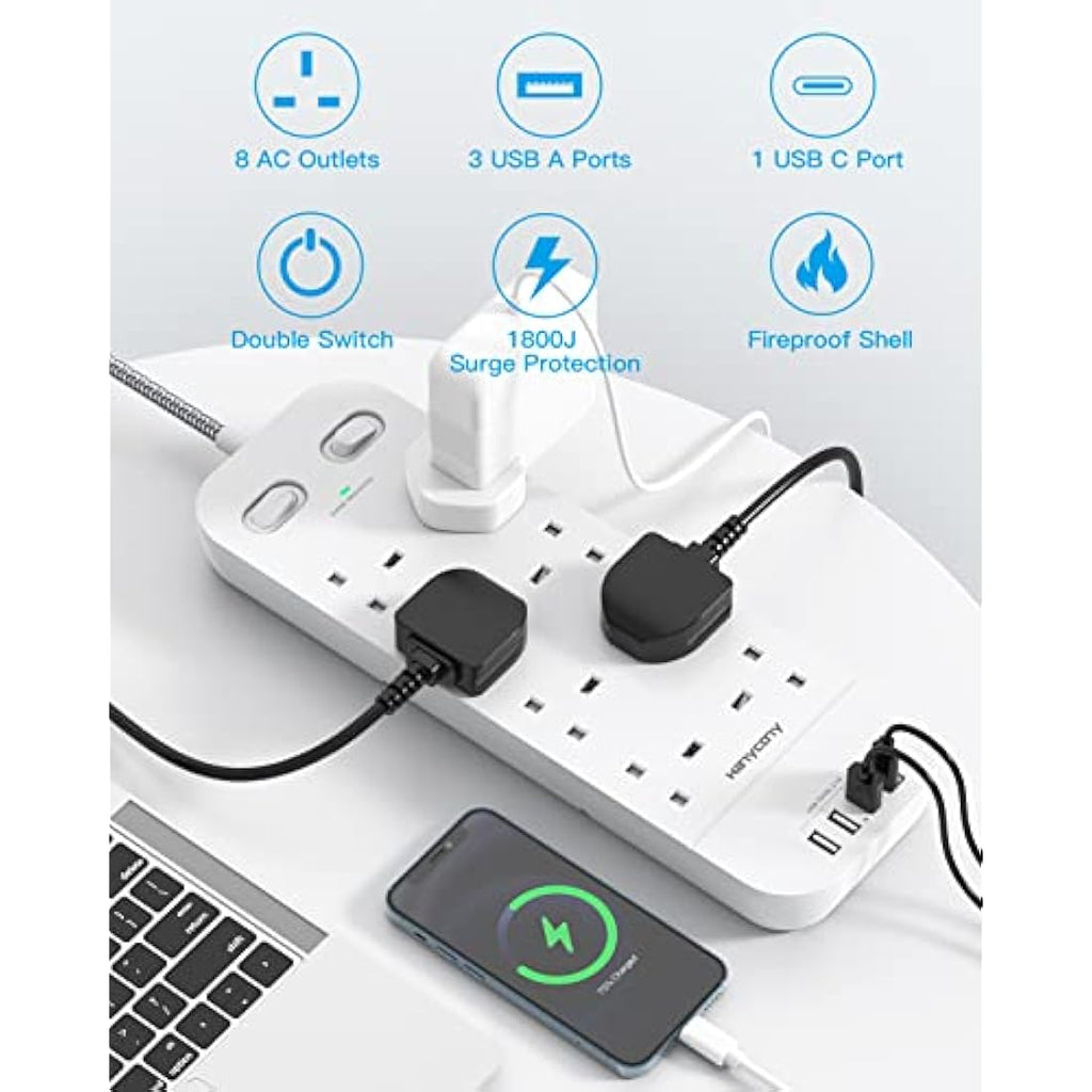 Jolof Store 8-Way Power Strip – 10FT Extension Lead with 4 USB Ports