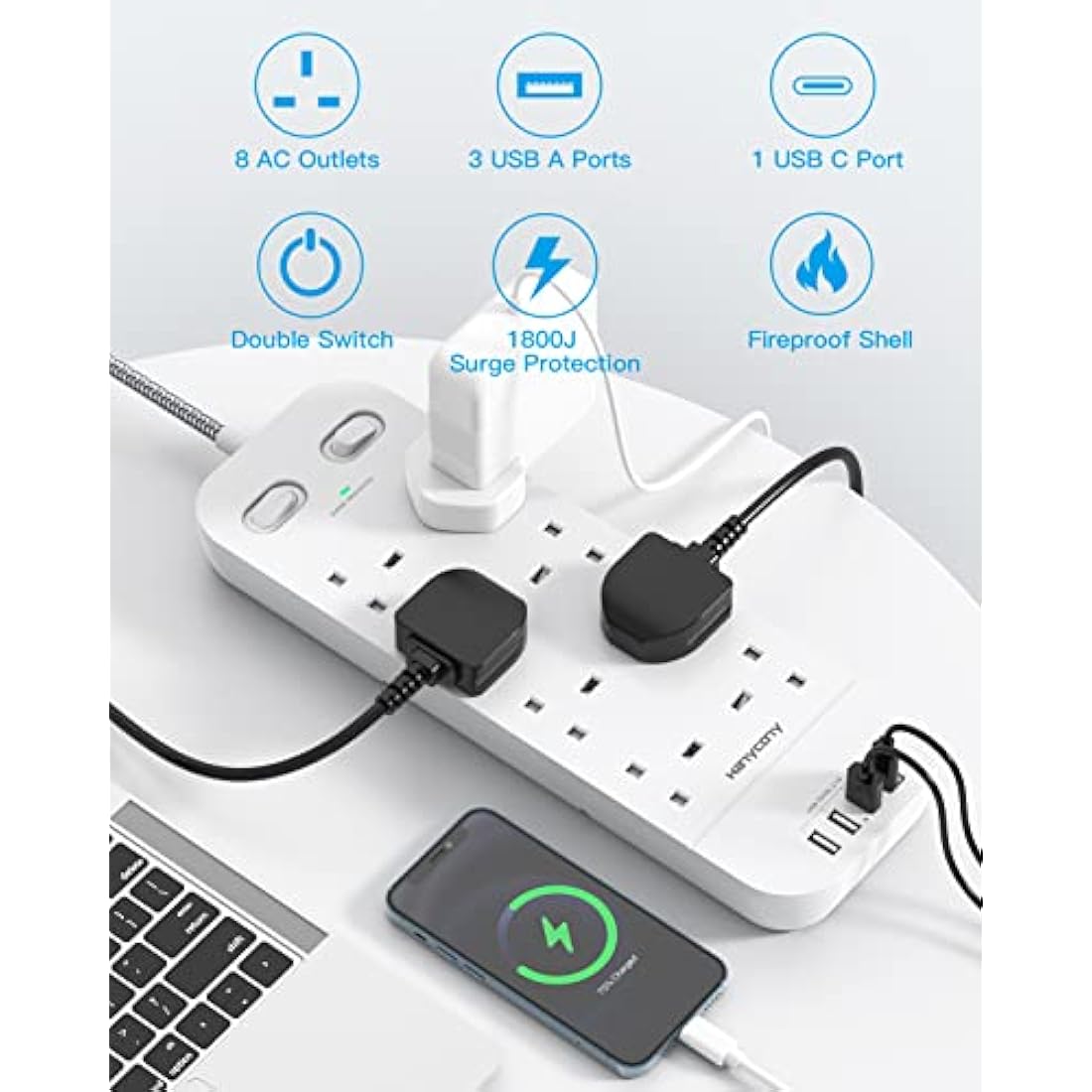 Jolof Store 8-Way Power Strip – 10FT Extension Lead with 4 USB Ports