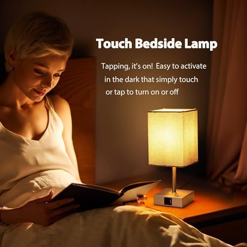 EDISHINE Bedside Lamps Set of 2 – 3-Way Dimmable Touch Lamps with USB