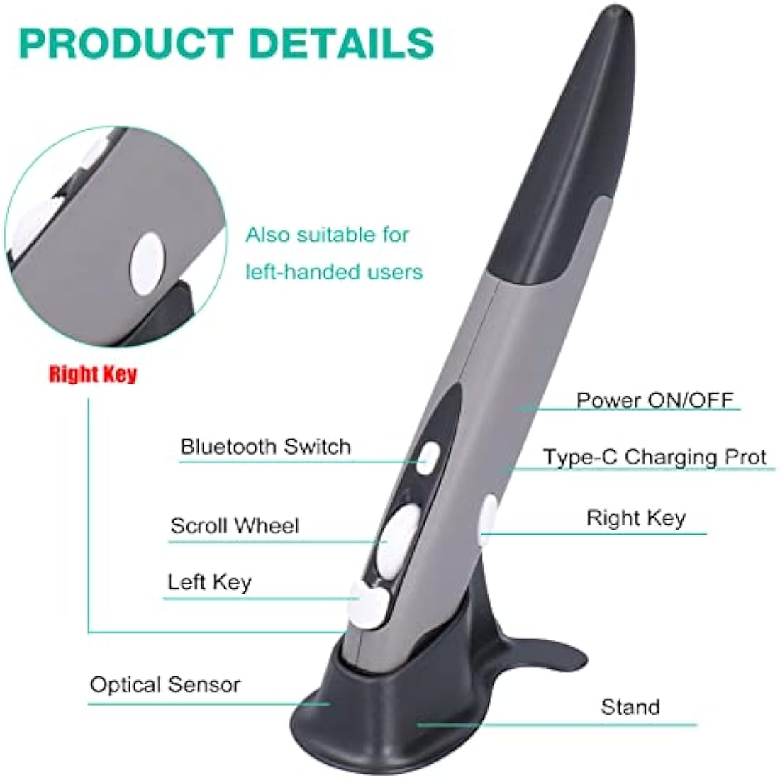 ASHATA Wireless Optical Pen Mouse – 1600 DPI Ergonomic Stylus for PC