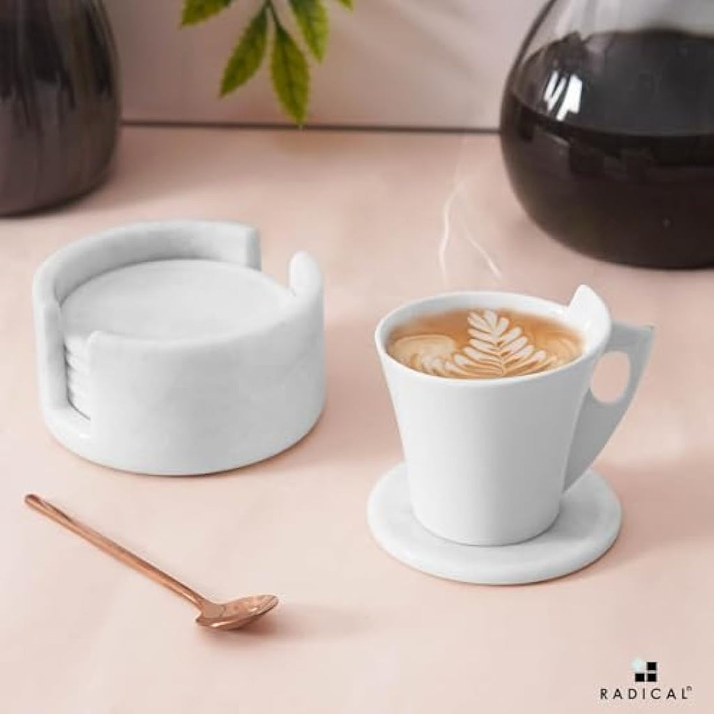 Radicaln White Marble Coasters Set of 6 with Holder – 3.5 Inch Round