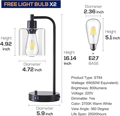 Homelist Industrial Dimmable Bedside Lamps Set of 2 with USB Ports