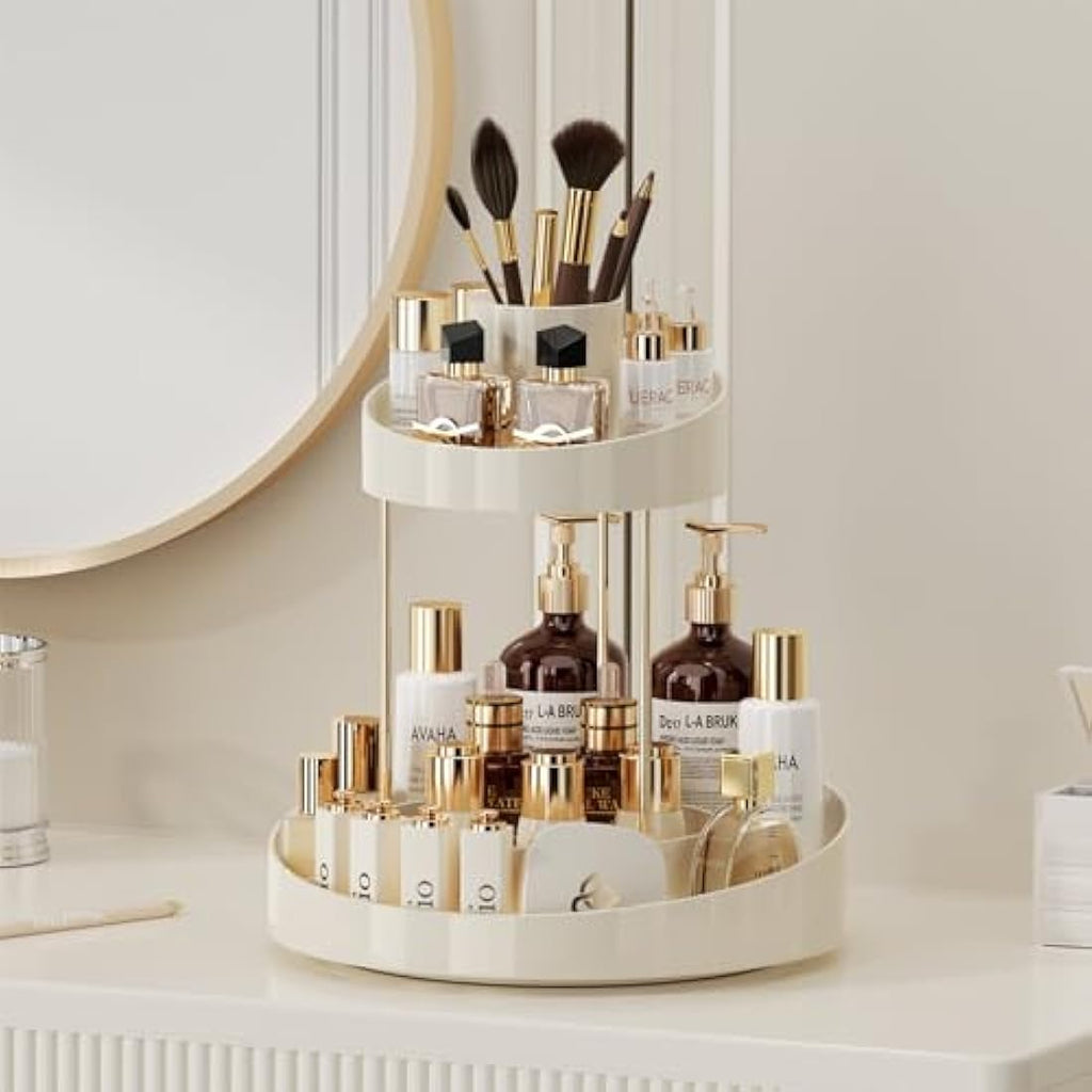 360° Rotating Makeup Organiser | 2-Tier Beige Cosmetic Rack