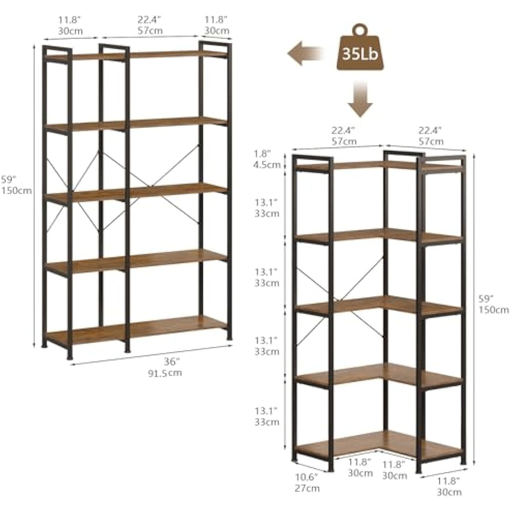 VEDECASA 5-Tier Deformable Corner Bookshelf | Industrial Metal Display Rack