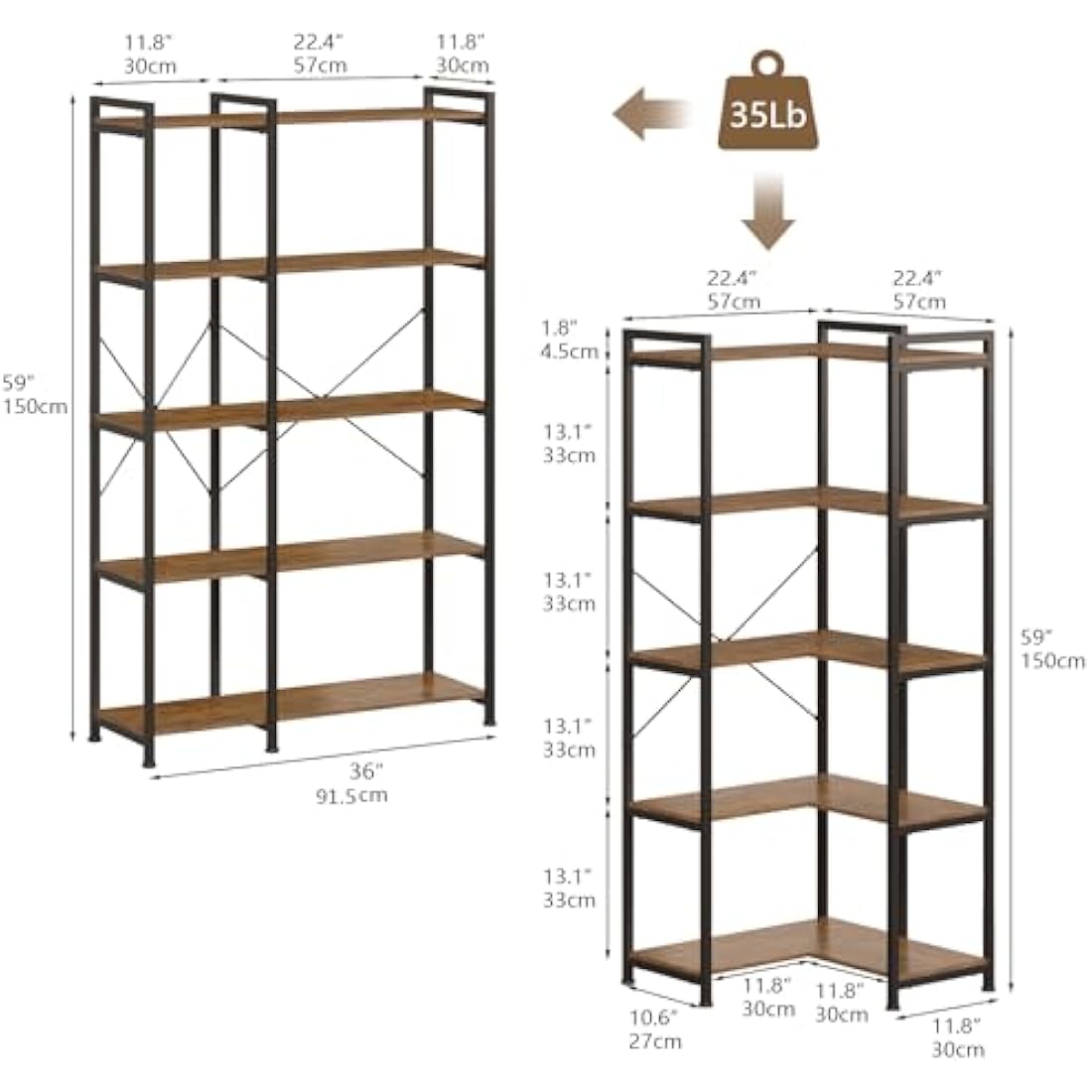 VEDECASA 5-Tier Deformable Corner Bookshelf | Industrial Metal Display Rack