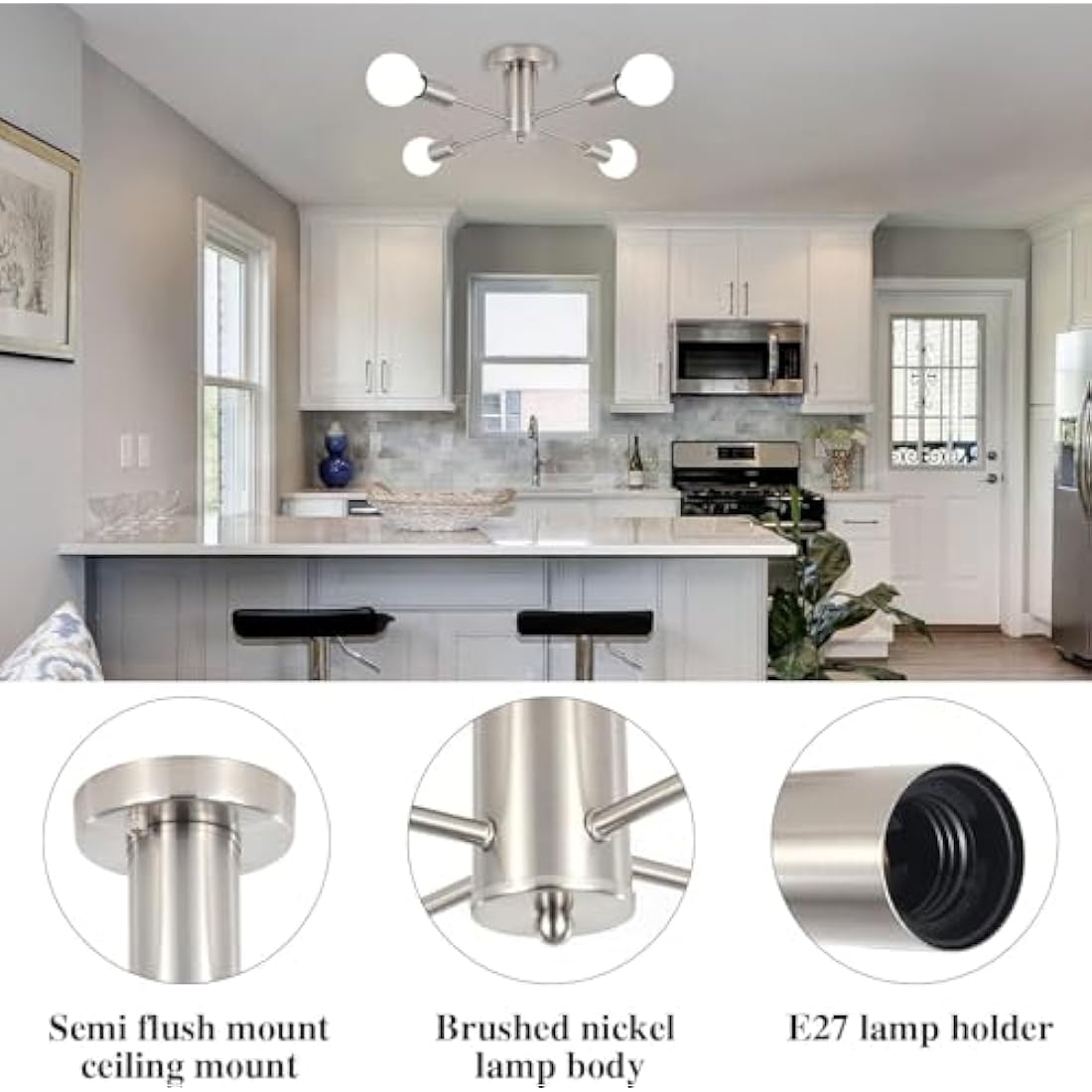 QAREHL 4-Light Sputnik Chandelier – Modern Brushed Nickel Ceiling Light