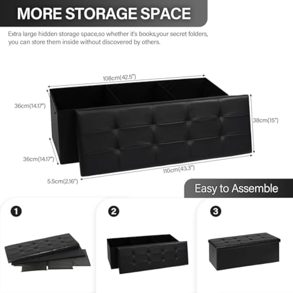 Bonlife Folding Storage Ottoman Bench | Faux Leather Toy Chest – 110cm