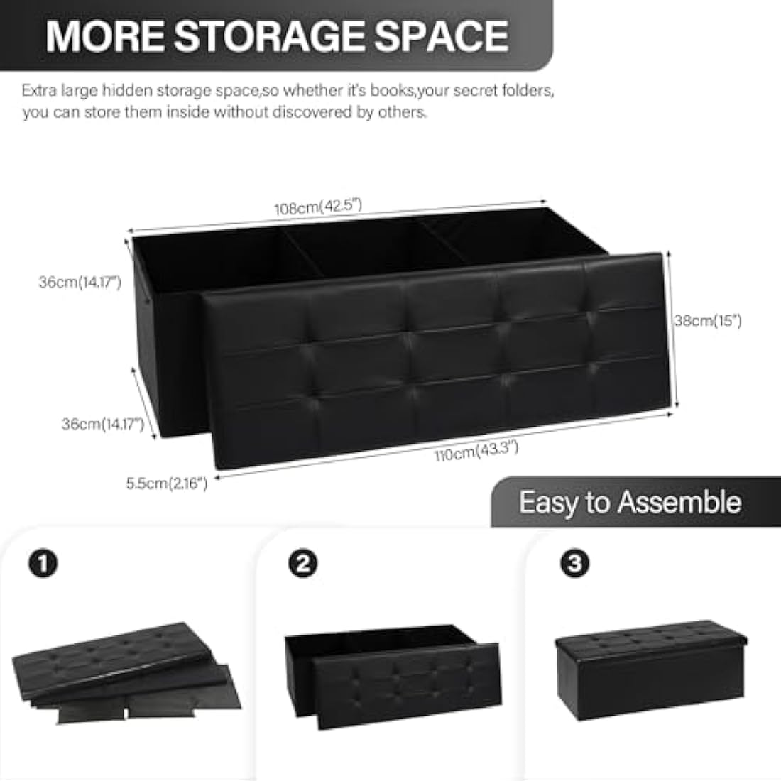 Bonlife Folding Storage Ottoman Bench | Faux Leather Toy Chest – 110cm