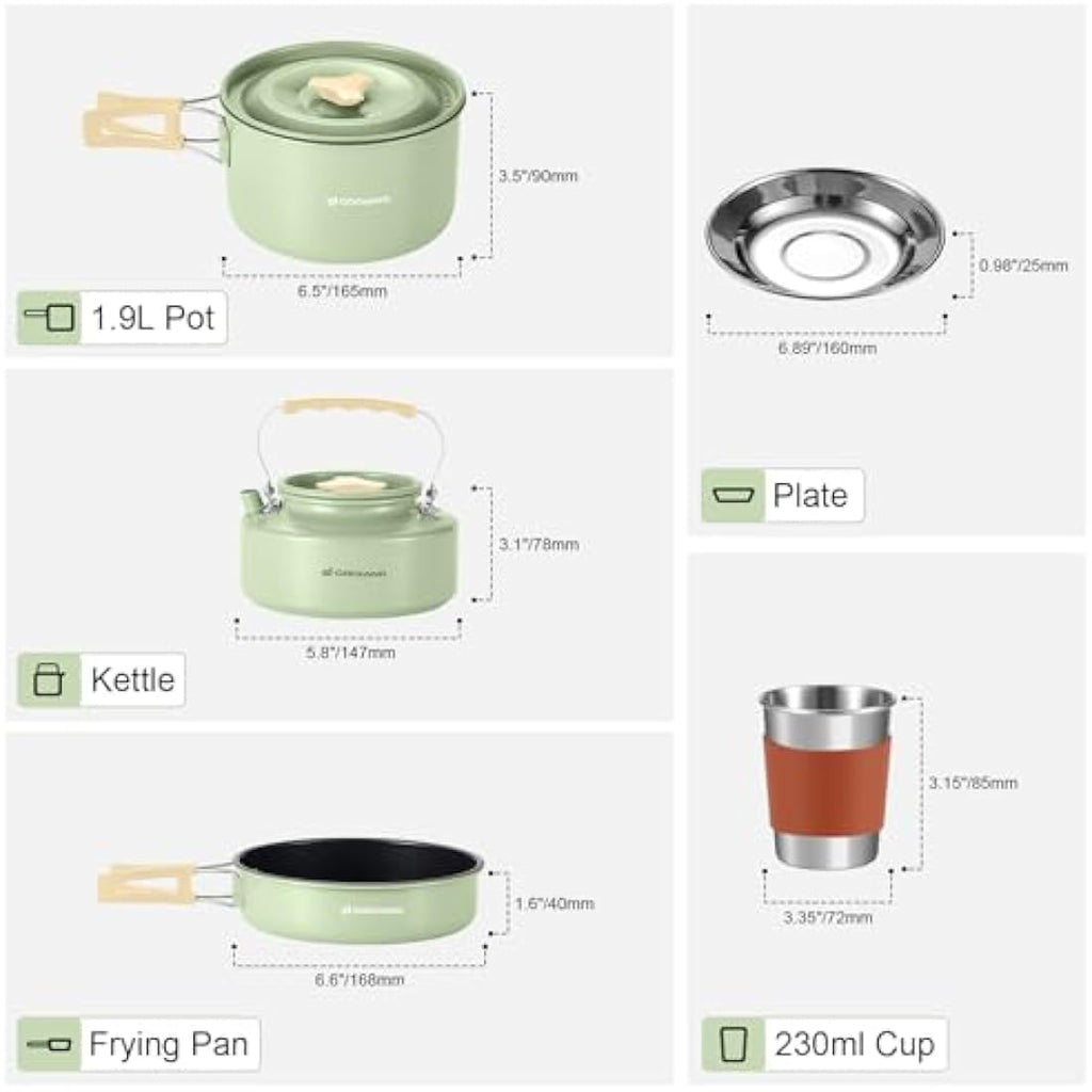 Odoland 15pcs Camping Cookware Mess Kit with Kettle and Utensils
